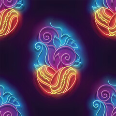 Seamless pattern with glow Roasted Coffee Beans with Ornamental Fire. Cafe Label. Espresso, Americano Drink. Neon Light Texture, Signboard. Glossy Background. Vector 3d Illustration