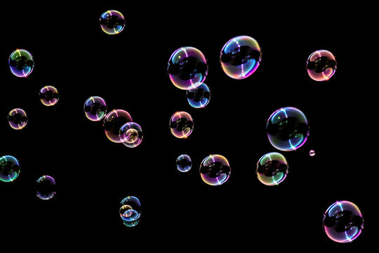 Soap bubbles floating on a black background, Generative AI