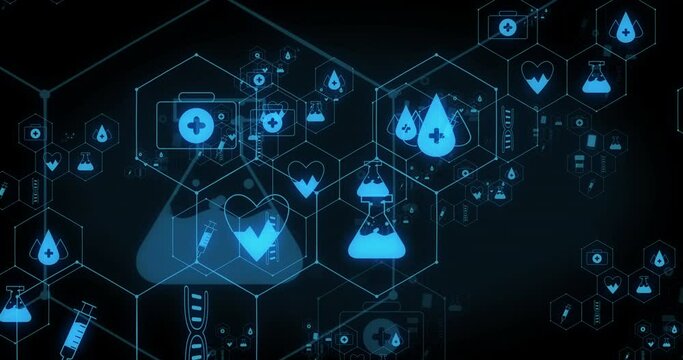Animation of networks of blue medical icons on black background