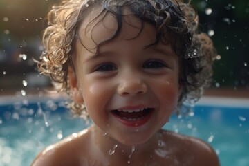 portrait of a cheerful child in the pool, children swim and play in the water, happiness and summer. generative ai