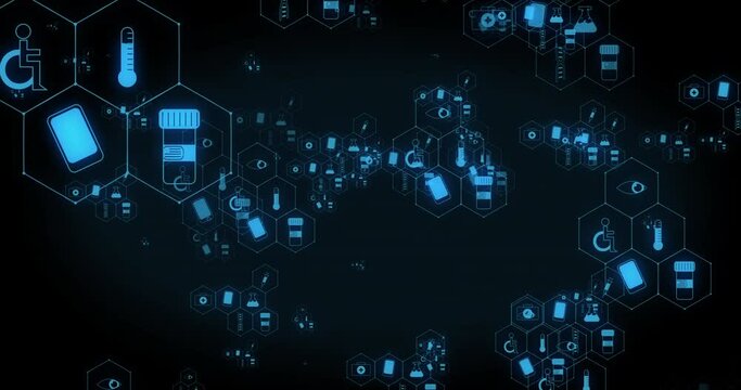 Animation of networks of blue medical and communication icons moving on black background