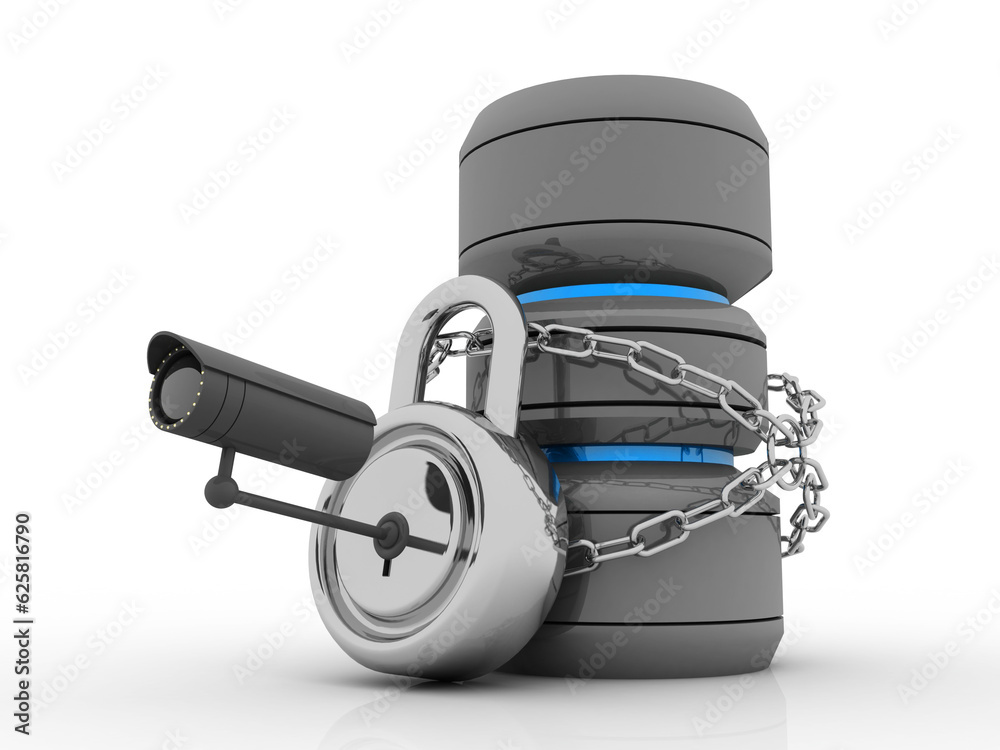 Poster 3d rendering database storage data base protected lock under cctv camera