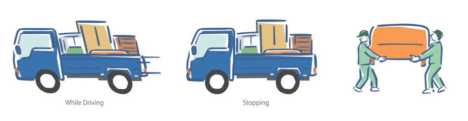 荷物を運ぶ引越し業者、荷物を積んだトラック、ベクターイラスト