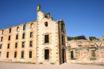 landscape portrait of historical settler colony prison ruins in port Arthur site in Tasmania, Australia 