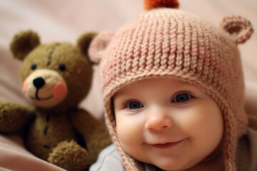 Beautiful cute baby's hat and toy close-up