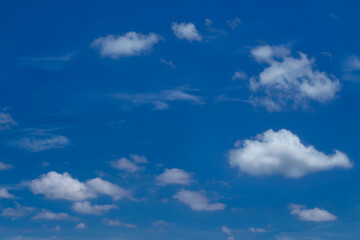 Group of small white fluffy and soft clouds on blue sky. Some cloud has shaping look like a whale. Background with copy space for meteorology presentation or natural and environment concept.
