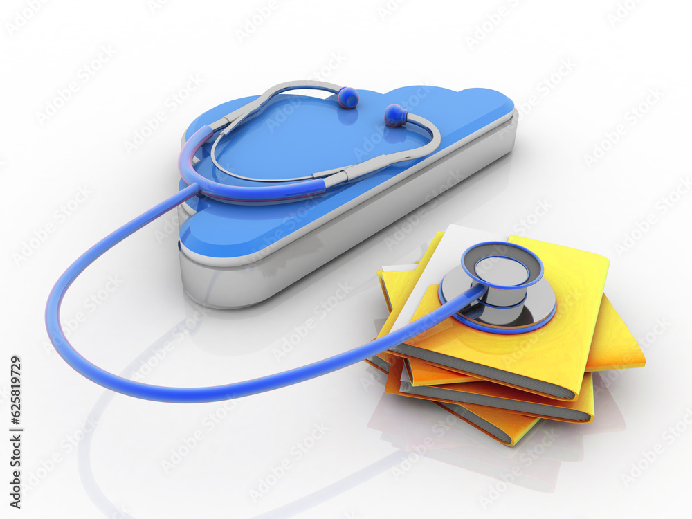 Poster 3d rendering folder with cloud connected stethoscope
