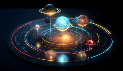 3d planetarium and satellite on hologram. Generative AI. 