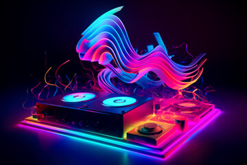 remote and mixer DJ for music in neor lights background. Ai generated.