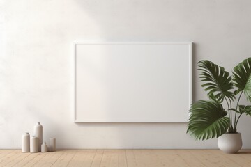 Empty room with banner on white wall and floor with plants, copy space. AI generated