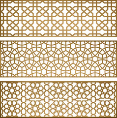  Mashrabiya Design, Arabic Golden Vector Pattern, Arabesque Background, Wooden Window and Door Texture,