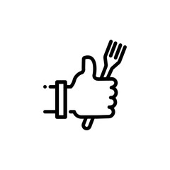 Obraz premium Vector hand like icon template. Thumbs up sign background. Good food logo illustration with fork sign. Line symbol for farmers market, cafe, restaurant, catering, cooking business