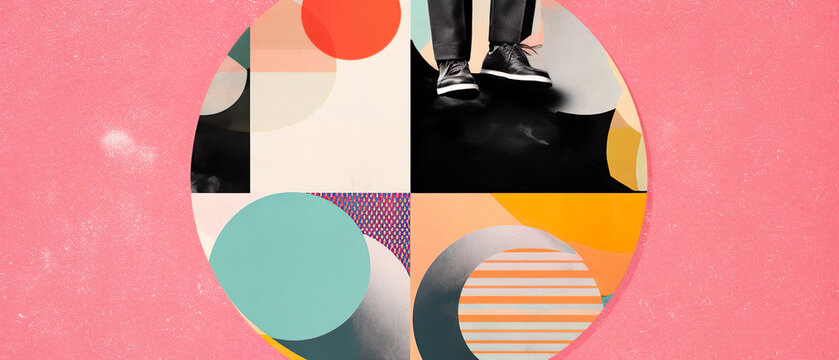 Conceptual Contemporary Art Collage. Male Legs Stacking Round On Pastel Geometric Background. Free Space For Your Text. Generative AI