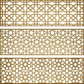  Mashrabiya Design, Arabic Golden Vector Pattern, Arabesque Background, Wooden Window and Door Texture,