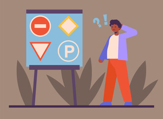 Male study road signs and pass test. Stages of learning at driving school. Theory and practice. Preparation for obtaining driver license. Flat vector illustration