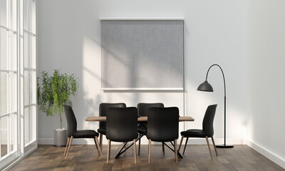 Blank horizontal poster frame in Dining room wall mock up with dining set, wooden table on wooden floor. 3d rendering, illustration