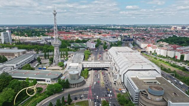 Aerial Drone shot of Messe Berlin , Germany  . Messe Berlin are exhibition grounds in the Charlottenburg-Wilmersdorf precinct of Berlin, Germany, officially known as "Berlin ExpoCenter City" 