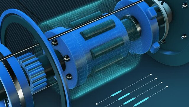 Cad futuristic interface, computer aided design concept, mechanical prototype project, engineering computer drawing close-up view (3d render)