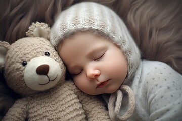 close up portrait cute young toddler sleeping in warm bed with teddy bear, Generative Ai