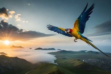 blue and yellow macaw in the air..generated Ai technology