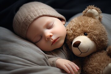 close up portrait cute young toddler sleeping in warm bed with teddy bear, Generative Ai