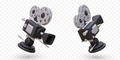 Realistic retro video camera with reels. Professional operator equipment. Recording on magnetic tape. Isolated vector image. Detailed object in different positions