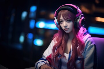 pretty gammer girl wearing headphone, Generative Ai