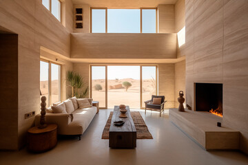 generative ai illustration of modern villa, house, interior, brown tones