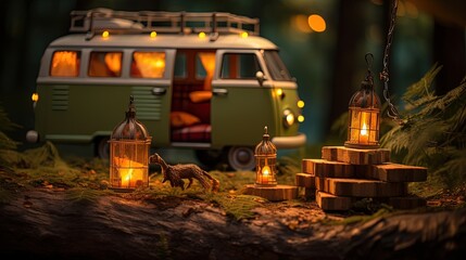 Fototapeta na wymiar cute mini van house in camping park, Generative Ai