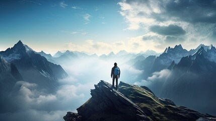 Silhouette of a person standing on the top of mountain peak with high sky background. Generative AI