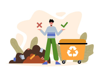 Young male standing and showing benefits and consequences of waste sorting. Choice between garbage sorting and not sorting. Call for proper waste management. Flat vector illustration