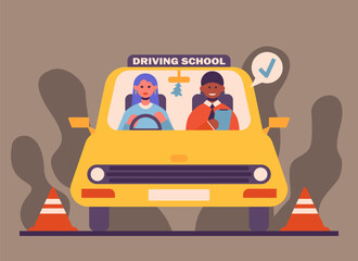 Young female, driving car during private driving lessons. Passing driving test concept. Practice at driving school, maneuvering between cones. Road signs and traffic lights exam. Flat vector