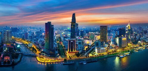 Fototapeta na wymiar Panoramic of Ho chi minh city or Saigon city at twilight in Vietnam.