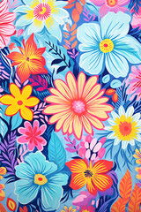 Fototapeta na wymiar risograph printing style floral pattern in bright vibrant colors, AI generative