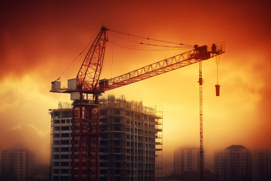 Big crane and building construction against beautiful dusky sky , soft lightinig