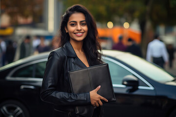Beautiful Indian female real estate agent or businesswoman smiling and holding a leather document folder with copy space on the blurred off focus background of cars and traffic