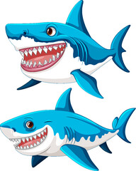 Obraz premium A set of great white sharks with big teeth smiling and swimming, isolated on a white background