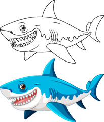 A cartoon illustration of a great white shark with big teeth smiling and swimming
