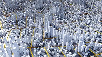 Concept background with simplified color scheme of big city buildings and roads, 3d rendering