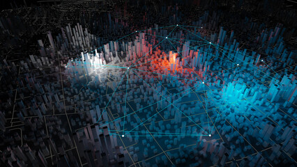 Night view concept background of networked intelligent smart city, 3d rendering