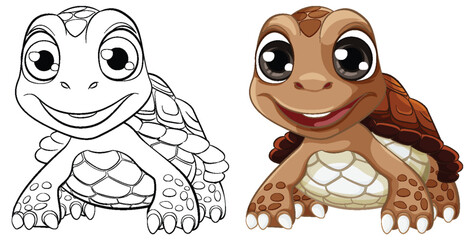 A cartoon illustration of a cute turtle with a big smile on its face