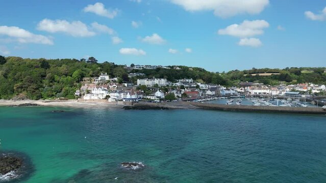 St Albin&rsquo;s  bay Jersey drone,aerial harbour and town