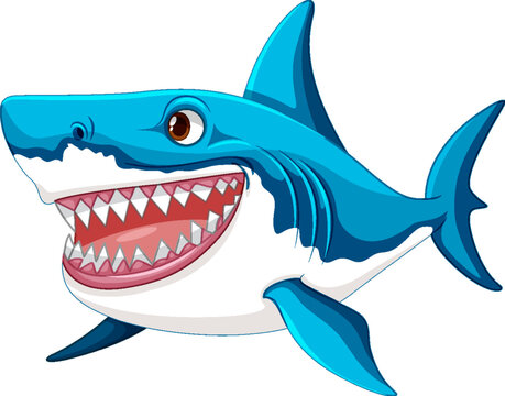 A cartoon illustration of a great white shark swimming and smiling, isolated on a white background