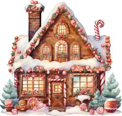 Watercolor Gingerbread House Christmas Clipart