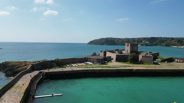 Panning shot St. Aubin's Fort, Jersey drone,aerial