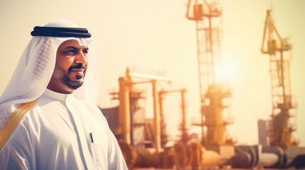 Muslim in clothes standing in front of oil rig and refinery background. Generative AI