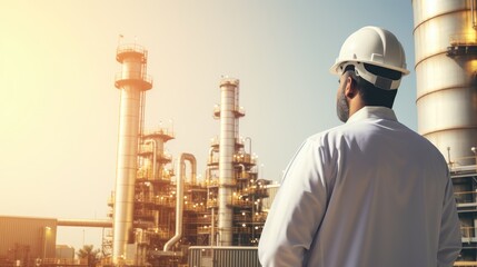 Muslim in clothes standing in front of oil rig and refinery background. Generative AI