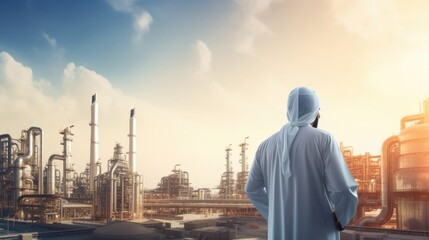 Fototapeta na wymiar Muslim in clothes standing in front of oil rig and refinery background. Generative AI