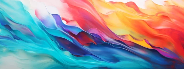 Foto auf Acrylglas Höhenskala Abstract marbled acrylic paint ink painted waves painting texture colorful background banner - Bold colors, rainbow color swirls wave Generative AI