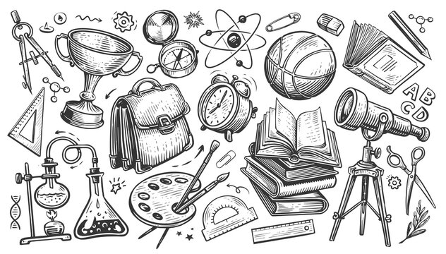 School Concept. Collection Of Education Items. Hand Drawn Sketch Doodle Illustration